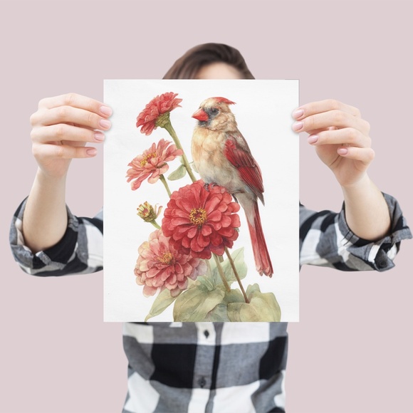Watercolor Female Cardinal Bird with Zinnia Flowers Wall Art Print Unframed - Picture 4 of 6